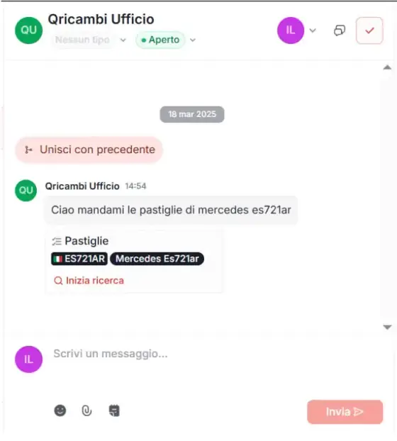 Interfaccia Quoting24 per ricambisti e aftermarket, utile a gestire richieste WhatsApp da meccanici, officine e clienti e preventivi ricambi auto